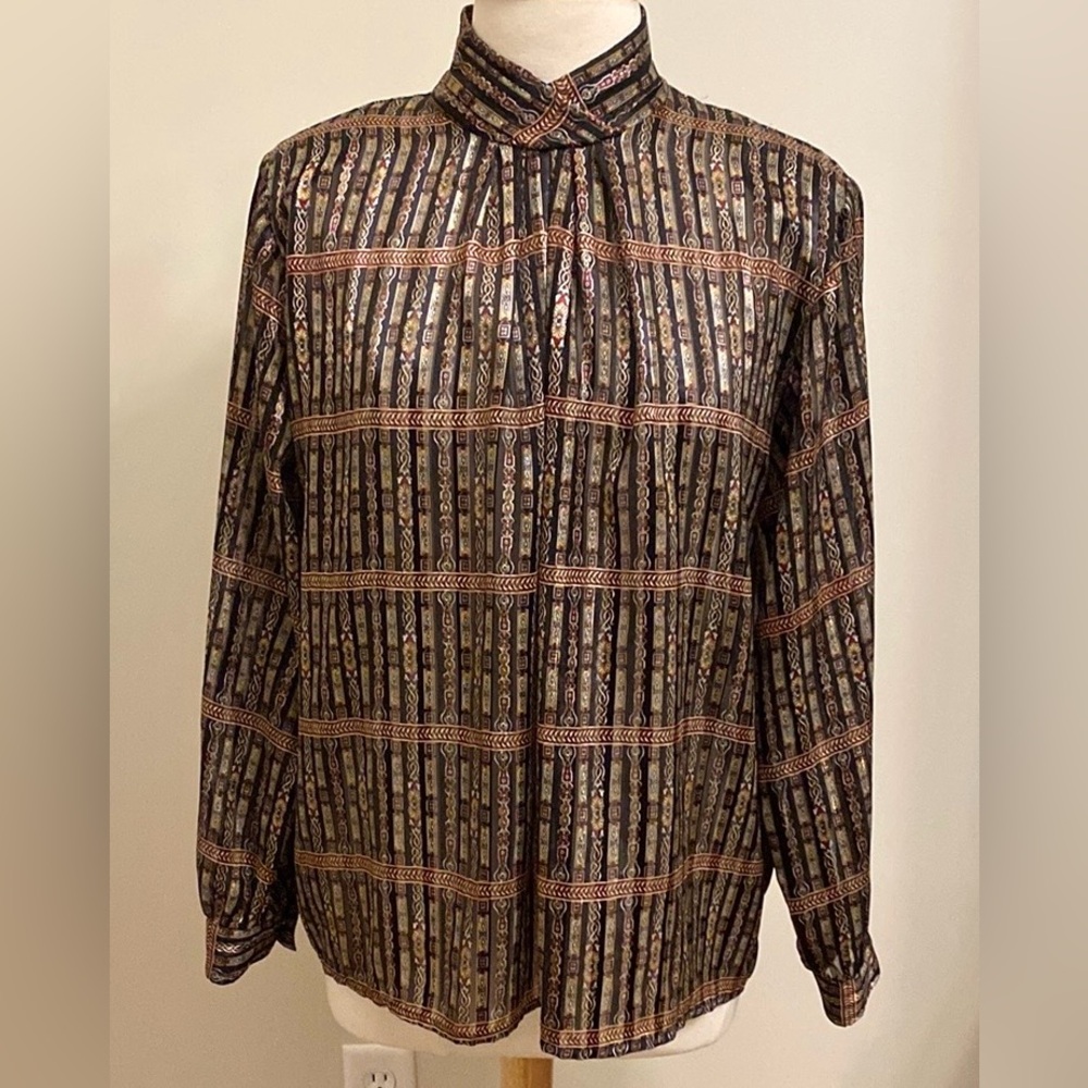 Yves St. Clair Vintage Glam Black Gold Geometric SZ 16 Mob Wife Retro Chic Top